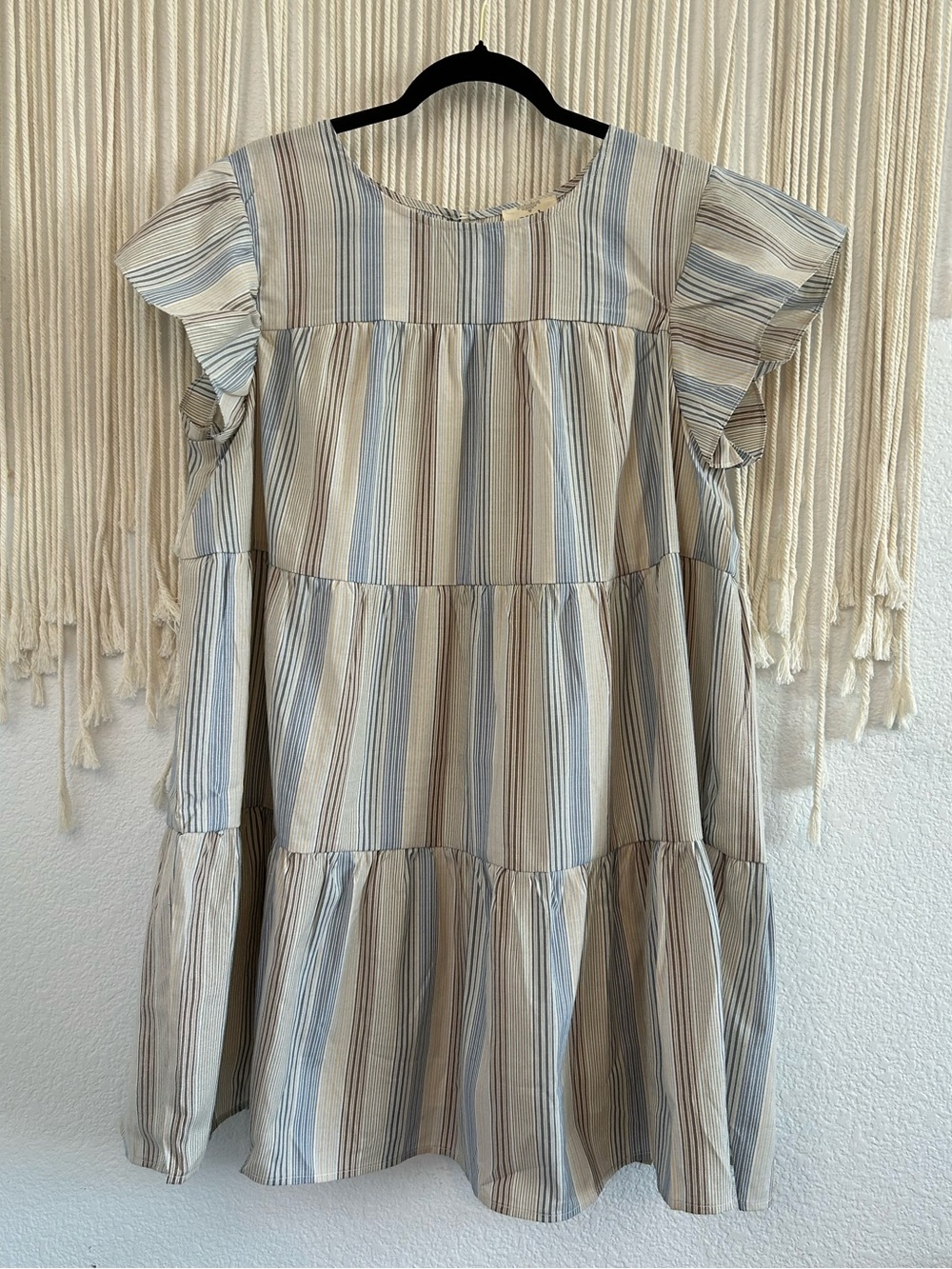PERCH Striped Tiered Flutter Sleeve Mini Dress Blue & Taupe Flowy Babydoll Dress - Picture 4 of 16